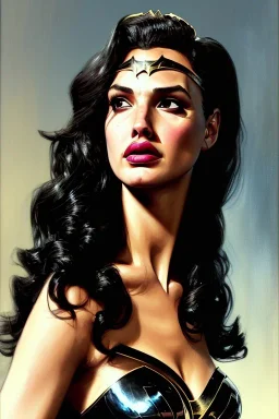 painting of gal gadot as evil queen in black leather gown, feminie, angry, stern look on her face, volouptous, busty, cleavage, emperious, mature, highly detailed, digital painting, artstation, concept art, smooth, sharp focus, illustration, art by gaston bussiere and alphonse mucha