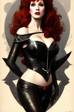 painting of christina hendricks as evil queen in black leather, feminie, angry, volouptous, busty, cleavage, emperious, mature, highly detailed, digital painting, artstation, concept art, smooth, sharp focus, illustration, art by gaston bussiere and alphonse mucha