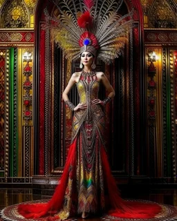 📷 👸 Realistic Photographs full length image A Beautiful Pretty Queen sweet stand with adorned with elaborate patterns and motifs. The design should incorporate vibrant colors, such as reds, blues, yellows, and purples, creating a stained glass effect. The figure should have elements that resemble feathers or leaves radiating from the head,luxurious palace background