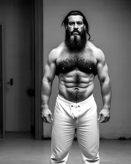 full figure shot photography of a burly stocky turkish prisoners , 55 years old shirtless in white dirty pants, long beard, long hair , in a dark prison, dirty, ugly, bullneck, muscular, manly chest, shirtless, bulge, misery and poverty, emotive eyes, photorealistic, ultradetailed, 32k, side view from below