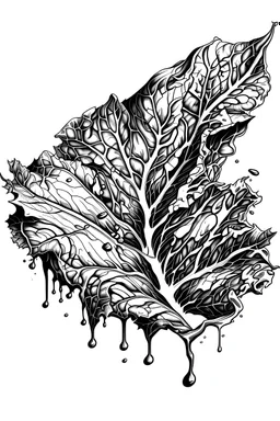 black and white illustration of melting tobacco leaf on white background