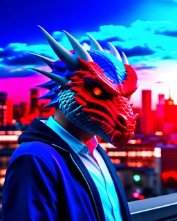 Man with dragon mask incredibly detailed mask city background digital art red white and deep blue 8k