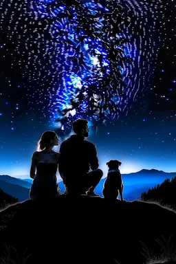 Black background on a mountaintop. A silhouette of a fit human man and a silhouette of a fit human woman sitting close to each other, looking at the stars. Dog is in the photo behind the woman and the man..