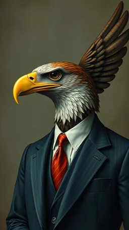 Hieronymus Bosch style , an eagle head in a body of a man wearing a business suit