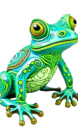 A mint colored nature elemental frog designed in Mexican folk art painted by Jeffrey Kolker