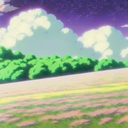 purple sky full of stars, sunflower field, anime, high res, makoto shinkai