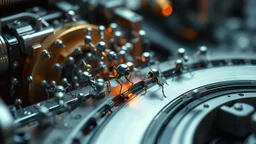 A highly detailed close-up of a swarm of nanobots repairing a complex piece of machinery. The tiny robots work together in perfect synchronization, their actions guided by a central AI system. Award-winning photograph, beautiful composition, exquisite detail and illumination