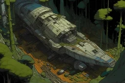 crushed spaceship in jungle seen from above, by Moebius