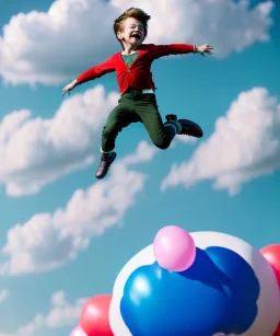 Ultra realistic clouds sky scene, medium shot view, portrait, sweet Peter Pan Childs free jumping flying, trinkets, monster hair, jelly beans, inflatable helmet, smile, happy, Wes Anderson style, inflatable color clothing, extreme, wind, clouds sea, 20,000 feet altitude, stratosphere, soft color, highly detailed, unreal engine 5, ray tracing, RTX, lumen lighting, ultra detail, volumetric lighting, 3d, finely drawn, high definition, high resolution.