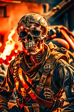 a scary looking skeleton, rising from the ashes, he was a war veteran, partially humanlike characteristics, army beret and ripped ammo wear, chaotic background, dramatic close-up action shot of him on a burned out war tanker a torpedo on shoulder -ready to fire ,gothic and chaotic background, 12k