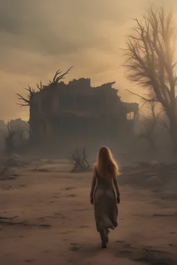 A post-apocalyptic scene with a woman with long hair walking away from the barren wasteland with burnt trees, crumbled home