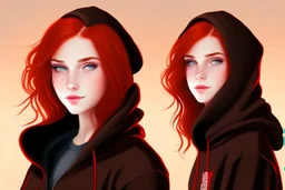 A beautiful young woman with brown eyes and shoulder length red hair wearing a black hoodie.