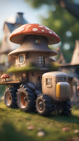 tractor with a mushroom house on top,bokeh like f/0.8, tilt-shift lens 8k, high detail, smooth render, down-light, unreal engine, prize winning