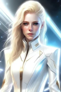 Belle femme galactique, cheveux de lumière. Commandant d'une flotte de vaisseaux de lumière, archcange, combinaison blanche lumineuse, dans un vaisseau blanc et très lumineux. Très haut grade et très féminine.