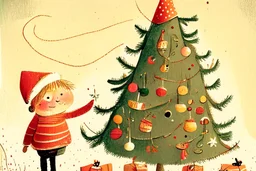 Christmas illustration, children book style, whimsical, warm colors, grainy texture, subject: decorating the christmas tree