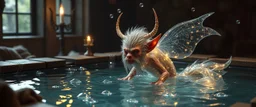 viking vampire glorious transparent transcendent cute hairy gremlin elf fairy fox built as bubble wrap art ritual in pool by Rembrandt and Escher