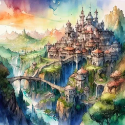 dnd, fantasy, watercolour, large strokes, stylistic, landscape, illustration, capital city, opulent, magnificent