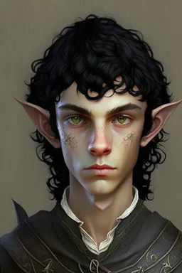 a teen elf, full lenght. he has curly, black hair and sharp cheekbones. His eyes are black. He wears fantasy medieval clothes. he is lean and tall, with pale skin.