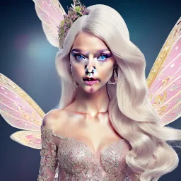 fantasy fairy with transparent wings, smiling, make up, long platinum blond hair with crown and flowers, pink dress