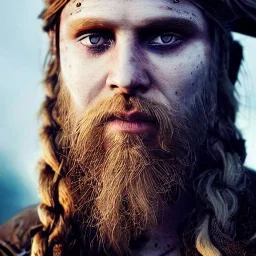 long haired viking, A detailed portrait of a man, insane facial make-up detail, ambient detail, depth of field, dirty make-up, crystalized complimentary colors, warrior, atmospheric, realistic, unreal engine, lighting, octane render, proportional, national geographic haze,