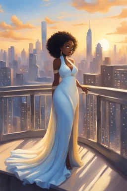 The scene opens onto a serene balcony overlooking a bustling city skyline. The sky above is painted in soft hues of blue and yellow as the sun begins its descent, casting a warm glow over everything it touches. In the foreground stands a captivating figure, airbrush chibi cartoon curvy black woman exuding confidence and elegance. She is adorned in a flowing white knit maxi dress that hugs her curves in all the right places, accentuating her silhouette. Her choice of footwear is equally stunning