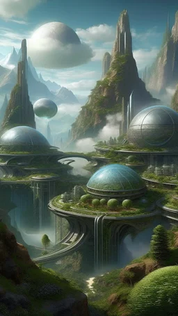 sci fi planet, alpine city, gardens