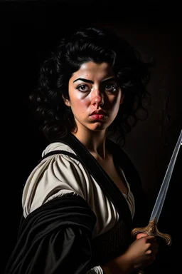 A portrait of a Warrior woman, black hair, Caravaggio style