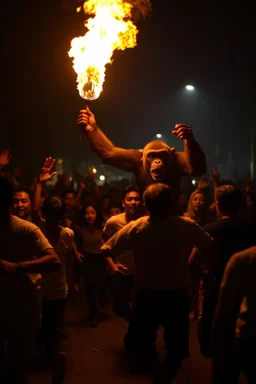 Thousand of people are running scared toward the camera afraid of a big monkey chasing them from behind holding a a flame at night