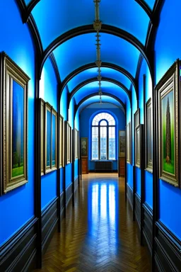 A museum for displaying paintings, whose side walls are oval and made of blue glass, with a corridor at the end on the left side