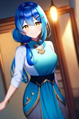 girl, masterpiece, best quality, cinematic lighting, detailed outfit, vibrant colors, perfect eyes, blue hair, long hair, golden eyes, low ponytail, indoors, hairclip, smile,