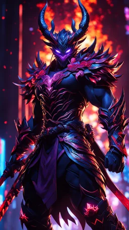 Carnage oni in 8k solo leveling shadow artstyle, ronin costum, galaxy mask, cover face, dynamic pose, oshare kei, hurufiyya, rtx , neon lights, intricate details, highly detailed, high details, detailed portrait, masterpiece,ultra detailed, ultra quality