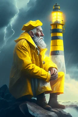 portrait of old seafarer smoking pipe, sitting in yellow raincoat on rocks beneath an unreal bright white lighthouse, storm clouds, volumetric fog, lightening, volumetric light,depth of field, fantasy art, 4k, highly detailed, sunbeam