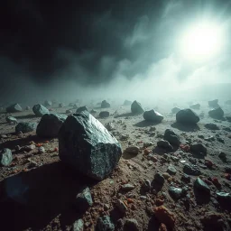 A striking quality close-up photograph captures a wasteland with odd stones, spooky, creepy, details of the dust very accentuated, glossy, organic, adorned with minerals and rocks, fog. Bathed in intense light, eerie, Max Ernst style, black sun, fog