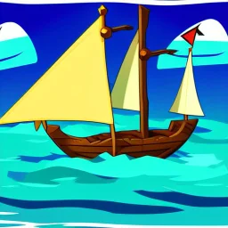 Legend Of Zelda: Wind Waker style Small wooden ship, with bright sails, on a vast ocean, stylized, celshaded, colorful, adventurous, full view.