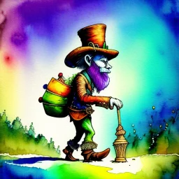 watercolor style, Leprechaun walking on a rainbow, style of Jean-Baptiste Monge fantasy high detail crisp quality