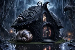 little dark witch fairy sleeps in her stunning lacy-onix gothic snail house, storm, rain, volumetric light, dark colors, rain drops, dark tendrils in background, fantasy, scifi, dark fantasy , dark stunning mood intricate details, beautifully shot, hyperrealistic, sharp focus, 64 megapixels, perfect composition