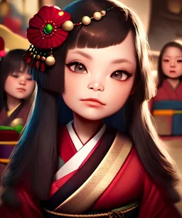 pixar style, ancient japanese temple environment, extreme closeup front face portrait of one cute young loli princess, traditional kimono, slim, slightly squinting, excited facial expression, smirking or pouting, long fringed wavy messy random hairstyle, deep dark real humanly eyes, perfectly round iris, fine detailed long eyelashes, realistic shaded perfect face, round face, blushing, sharp focus, small bosom, chibi, kawaii, gothic, artwork by shinichiro watanabe