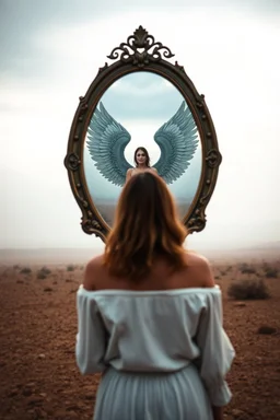 a woman standing in front of a mirror with reflection of her as an Angel in the mirror, in the middle of the desert in foggy Sky background