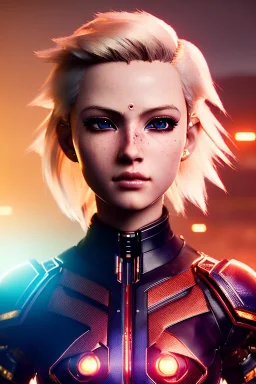 Cyborg anime warrior, blonde hair, short and messy hairstyle, blue eyes, waist up portrait, 8k resolution, intricate details, ornate details, soft lighting, vibrant colors, retroanime, masterpiece, intricate eyeliner, dark eyeshadow, eyes, intricate tattoos, futuristic cityscape background