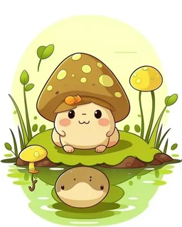 magical kawaii mushroom with a big, frowning mouth and droopy eyes, sitting on a mossy log in a quiet and peaceful forest, lost in its own thoughts, high details, forest background, cute, kawaii, style