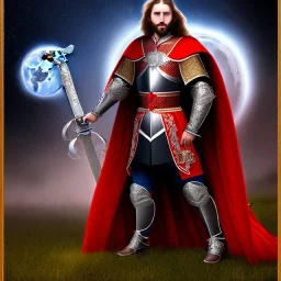 Standing king with his sword , portrait , red cape , armor , night , full moon , Stars , long hair