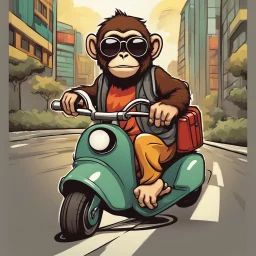 Monkey riding a scooter with sunglasses, cartoonize, dricing on a curve highway