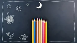 Blackboard design with a bunch of colored pencils in the middle of the image and children's drawings on a light and dark blue background and a blue theme and a white crescent moon at the top of the image
