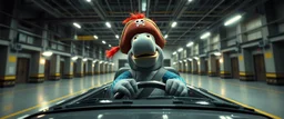 car driving happy 2d fluffy pirate parrot hippo in the style of Escher and Giger and Fallout 4, pinhole cam, airbrush 3d rendering, on tv screen:A five-second cinematic single take in a clean industrial presentation hall.