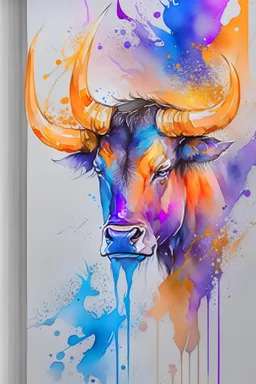 watercolor on transparent background paper, chromatic, zoom, very sharp, splash of colors on a white background, Mixed colors, Sharp detailed angry Bull, a detailed golden purple sunset fire style, Beach with light blue water, graffiti elements, powerful zen composition, dripping technique, & the artist has used bright, clean elegant, with blunt brown, 4k, detailed –n 9, ink flourishes, liquid fire, clean white background, zoom in,