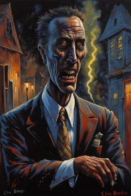 an annoying insurance sales man. horror setting. painted by Clive barker