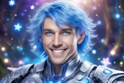 cosmic bionic beautiful men, smiling, with light blue eyes and straight blu hair in a magic extraterrestrial landscape with coloured fairy forest stars and bright beam