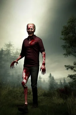 realistic image, joe biden zombie, zombie posing, arm cut and bleeding, amputated leg, night, walking with a limp, waist up view, dark ambient, highly detailed, sky background, concept art, unreal engine 5, god rays, ray tracing, RTX, lumen lighting, ultra detail, volumetric lighting, 3d, finely drawn, high definition, high resolution.