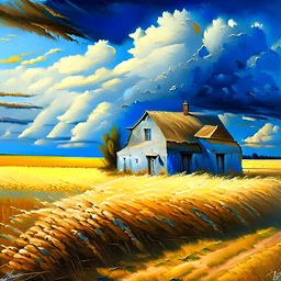 farmhouse and barn with a ripe wheat field next to it. The ears of corn bend in the wind, the sky is bright blue with lovely fluffy clouds. Modifiers: fantasy oil on canvas beautiful high detail ultra detailed crisp quality Guido Borelli da Caluso Leonid Afremov Alex Alemany Sherry Akrami © Crystaldelic