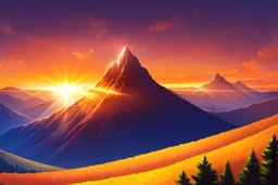 A serene mountain landscape during sunset with a blue and orange sky.